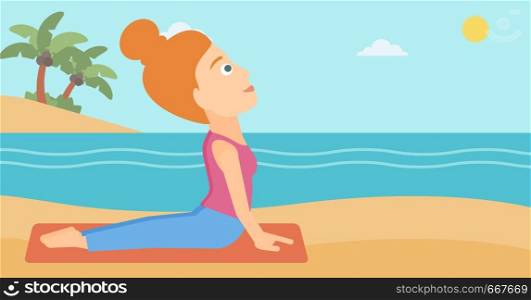 A woman practicing yoga upward dog pose on the beach vector flat design illustration. Horizontal layout.. Woman practicing yoga.
