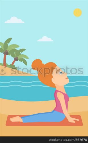 A woman practicing yoga upward dog pose on the beach vector flat design illustration. Vertical layout.. Woman practicing yoga.