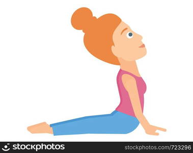 A woman practicing yoga upward dog pose vector flat design illustration isolated on white background. . Woman practicing yoga.