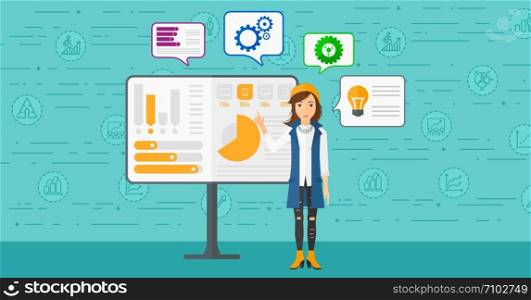 A woman presenting report through infographics on a board on a blue background with business icons vector flat design illustration. Horizontal layout.. Woman presenting report.