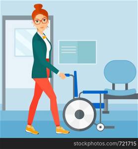 A woman pushing empty wheelchair on the background of hospital corridor vector flat design illustration. Square layout.. Woman pushing wheelchair.