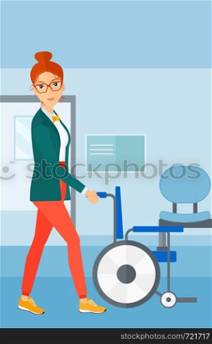 A woman pushing empty wheelchair on the background of hospital corridor vector flat design illustration. Vertical layout.. Woman pushing wheelchair.