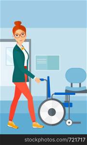A woman pushing empty wheelchair on the background of hospital corridor vector flat design illustration. Vertical layout.. Woman pushing wheelchair.