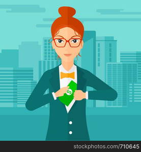 A woman putting money in her pocket on the background of modern city vector flat design illustration. Square layout.. Woman putting money in pocket.