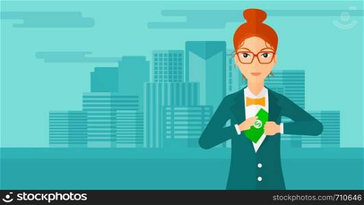 A woman putting money in her pocket on the background of modern city vector flat design illustration. Horizontal layout.. Woman putting money in pocket.
