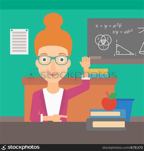 A woman raising her hand while sitting at the table on the background of classroom vector flat design illustration. Square layout.. Woman raising her hand.