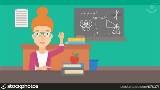A woman raising her hand while sitting at the table on the background of classroom vector flat design illustration. Horizontal layout.. Woman raising her hand.
