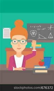 A woman raising her hand while sitting at the table on the background of classroom vector flat design illustration. Vertical layout.. Woman raising her hand.