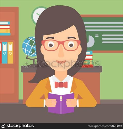 A woman reading a book on the background of classroom vector flat design illustration. Square layout.. Woman reading book.
