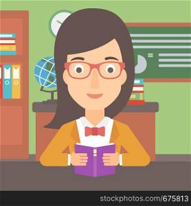 A woman reading a book on the background of classroom vector flat design illustration. Square layout.. Woman reading book.