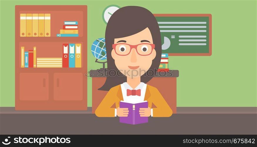 A woman reading a book on the background of classroom vector flat design illustration. Horizontal layout.. Woman reading book.