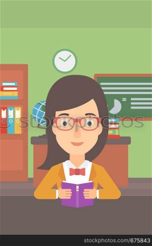 A woman reading a book on the background of classroom vector flat design illustration. Vertical layout.. Woman reading book.