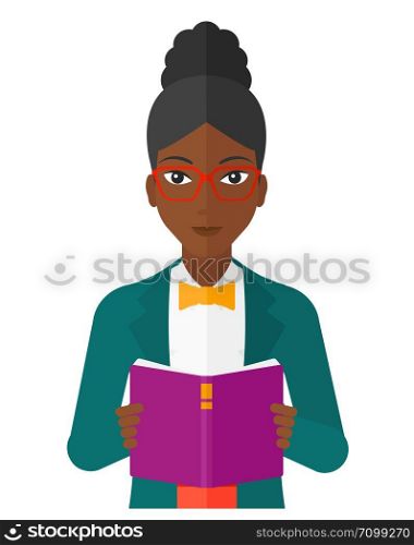 A woman reading a book vector flat design illustration isolated on white background. . Woman reading book.