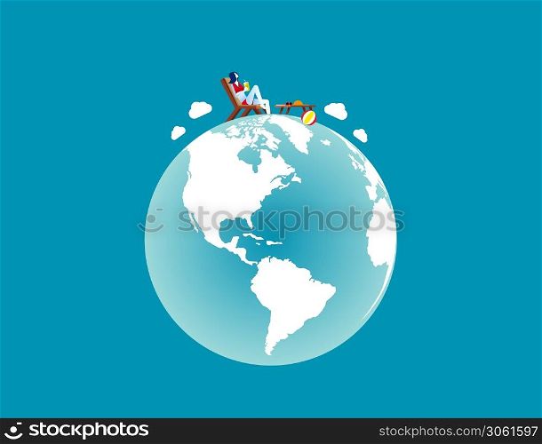 A woman relaxed on the top of globe. Concept business vector illustration, Relaxing, World Map, Life style.