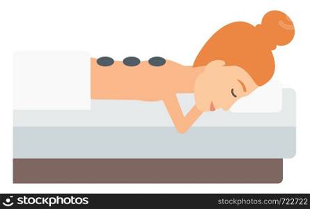 A woman relaxing while getting stone therapy massage vector flat design illustration isolated on white background.. Woman getting stone therapy.