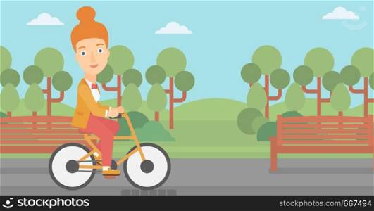 A woman riding a bicycle in the park vector flat design illustration. Horizontal layout.. Woman riding bicycle.