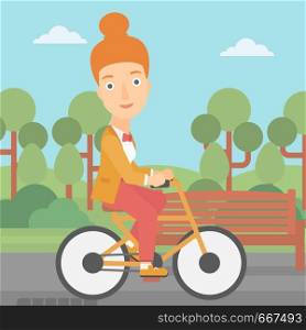 A woman riding a bicycle in the park vector flat design illustration. Square layout.. Woman riding bicycle.