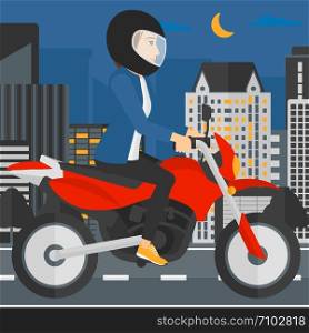 A woman riding a motorcycle on the background of night city vector flat design illustration. Square layout.. Woman riding motorcycle.
