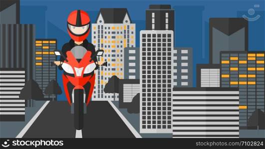 A woman riding a motorcycle on the background of night city vector flat design illustration. Horizontal layout.. Woman riding motorcycle.