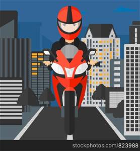 A woman riding a motorcycle on the background of night city vector flat design illustration. Square layout.. Woman riding motorcycle.