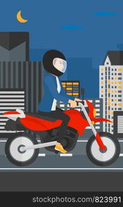 A woman riding a motorcycle on the background of night city vector flat design illustration. Vertical layout.. Woman riding motorcycle.