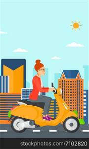A woman riding a scooter on a city background vector flat design illustration. Vertical layout.. Woman riding scooter.