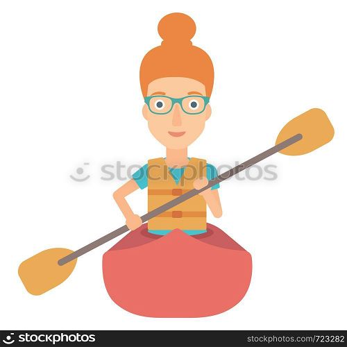 A woman riding in a canoe vector flat design illustration isolated on white background. . Woman riding in canoe.