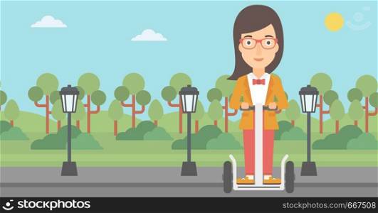A woman riding on electric scooter in the park vector flat design illustration. Horizontal layout.. Woman riding on electric scooter.