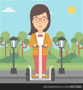 A woman riding on electric scooter in the park vector flat design illustration. Square layout.. Woman riding on electric scooter.
