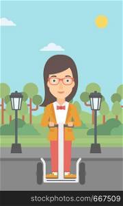 A woman riding on electric scooter in the park vector flat design illustration. Vertical layout.. Woman riding on electric scooter.