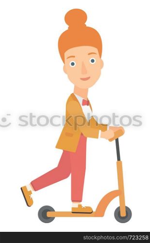 A woman riding to work on scooter vector flat design illustration isolated on white background. . Woman riding on scooter.