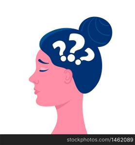A woman&rsquo;s head in profile.Questions.Anxious thoughts, doubts, feelings, sadness.Psychological problem.Flat vector stock illustration