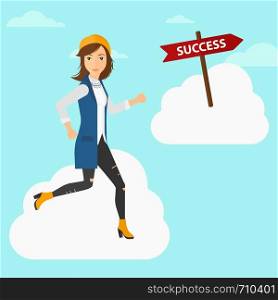 A woman running in the sky near direction sign success vector flat design illustration. Square layout.. Business woman moving to success.