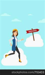 A woman running in the sky near direction sign success vector flat design illustration. Vertical layout.. Business woman moving to success.