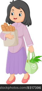 a woman shopping with baskets of vegetables and bags full of bread