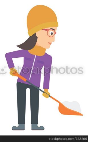 A woman shoveling and removing snow vector flat design illustration isolated on white background. . Woman shoveling and removing snow.