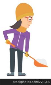 A woman shoveling and removing snow vector flat design illustration isolated on white background. . Woman shoveling and removing snow.