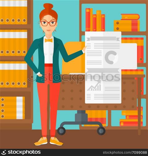 A woman showing her complete paperwork with some text and charts on the background of business office vector flat design illustration. Square layout.. Woman presenting report.