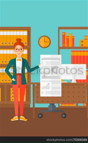 A woman showing her complete paperwork with some text and charts on the background of business office vector flat design illustration. Vertical layout.. Woman presenting report.