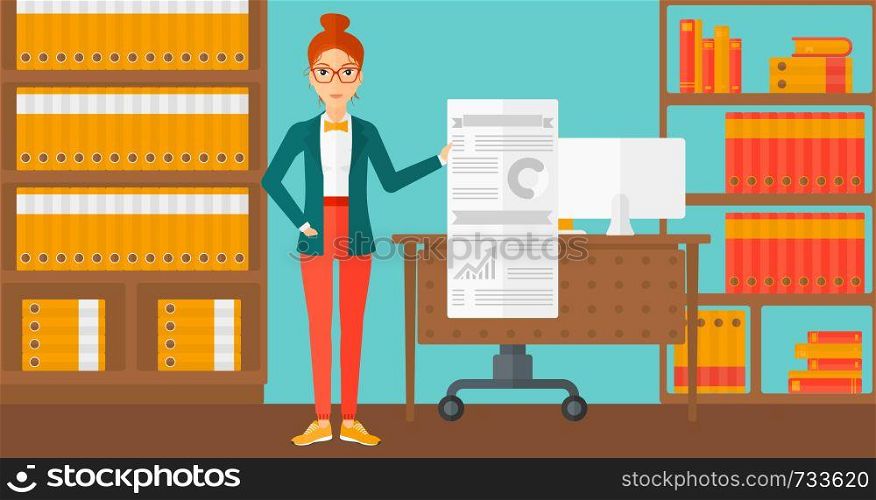 A woman showing her complete paperwork with some text and charts on the background of business office vector flat design illustration. Horizontal layout.. Woman presenting report.