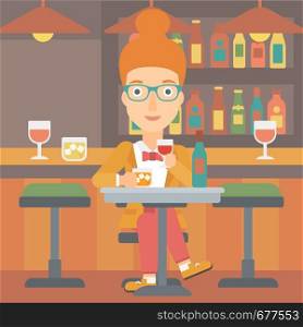 A woman sitting at the bar and drinking wine vector flat design illustration. Horizontal layout.. Woman sitting at bar.