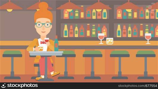 A woman sitting at the bar and drinking wine vector flat design illustration. Horizontal layout.. Woman sitting at bar.