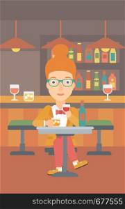 A woman sitting at the bar and drinking wine vector flat design illustration. Vertical layout.. Woman sitting at bar.