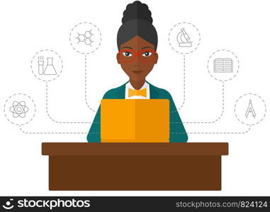 A woman sitting at the table and looking at the screen of laptop connected with icons of school sciences vector flat design illustration isolated on white background. . Woman studying with laptop.