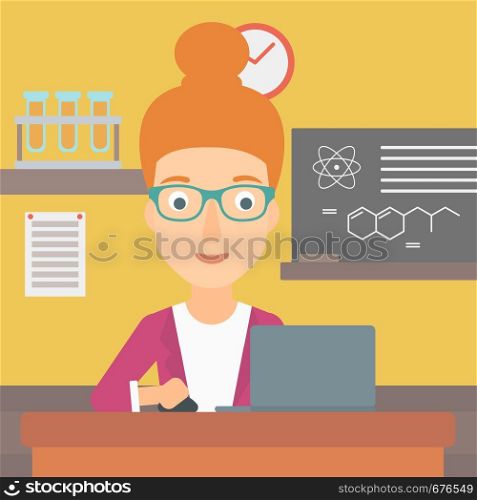 A woman sitting at the table and working on a laptop on the background of chemistry class vector flat design illustration. Square layout.. Woman studying with laptop.