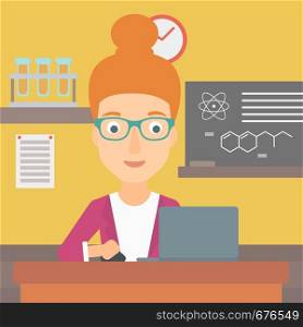 A woman sitting at the table and working on a laptop on the background of chemistry class vector flat design illustration. Square layout.. Woman studying with laptop.