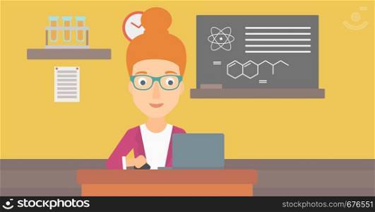 A woman sitting at the table and working on a laptop on the background of chemistry class vector flat design illustration. Horizontal layout.. Woman studying with laptop.