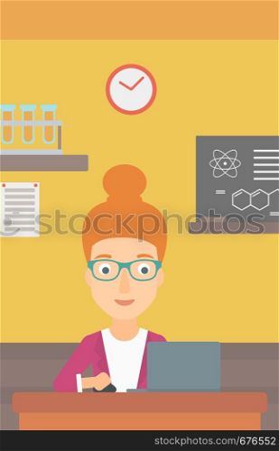 A woman sitting at the table and working on a laptop on the background of chemistry class vector flat design illustration. Vertical layout.. Woman studying with laptop.