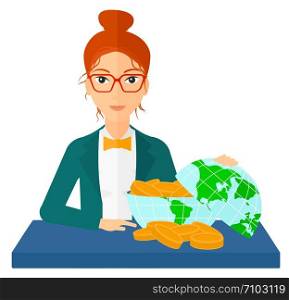 A woman sitting at the table with a globe model full of coins vector flat design illustration isolated on white background. . Woman with globe full of money.