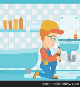 A woman sitting in a bathroom and repairing a sink with a spanner vector flat design illustration. Square layout.. Woman repairing sink.